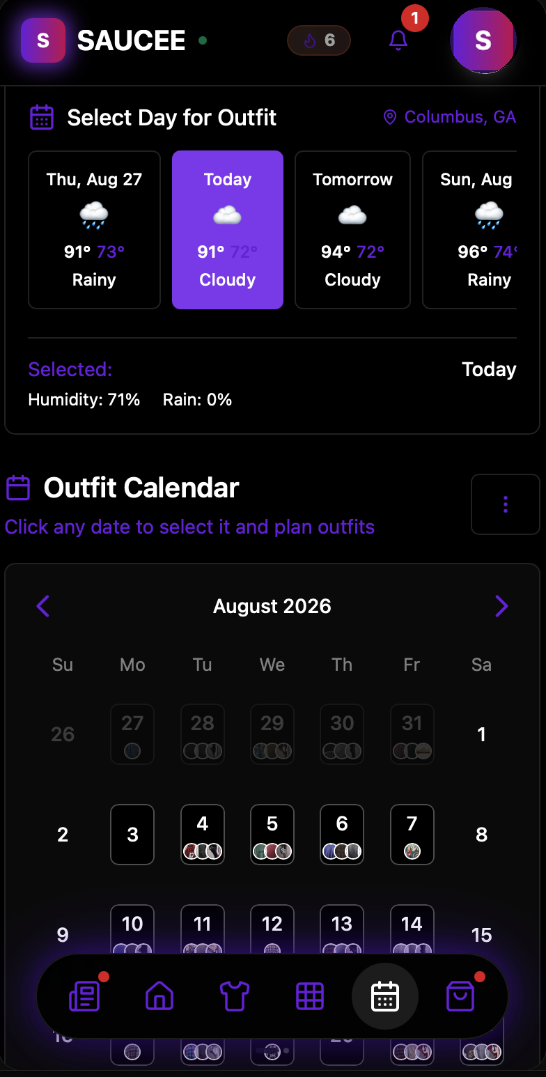 Saucee app outfit calendar with weather-based day planning