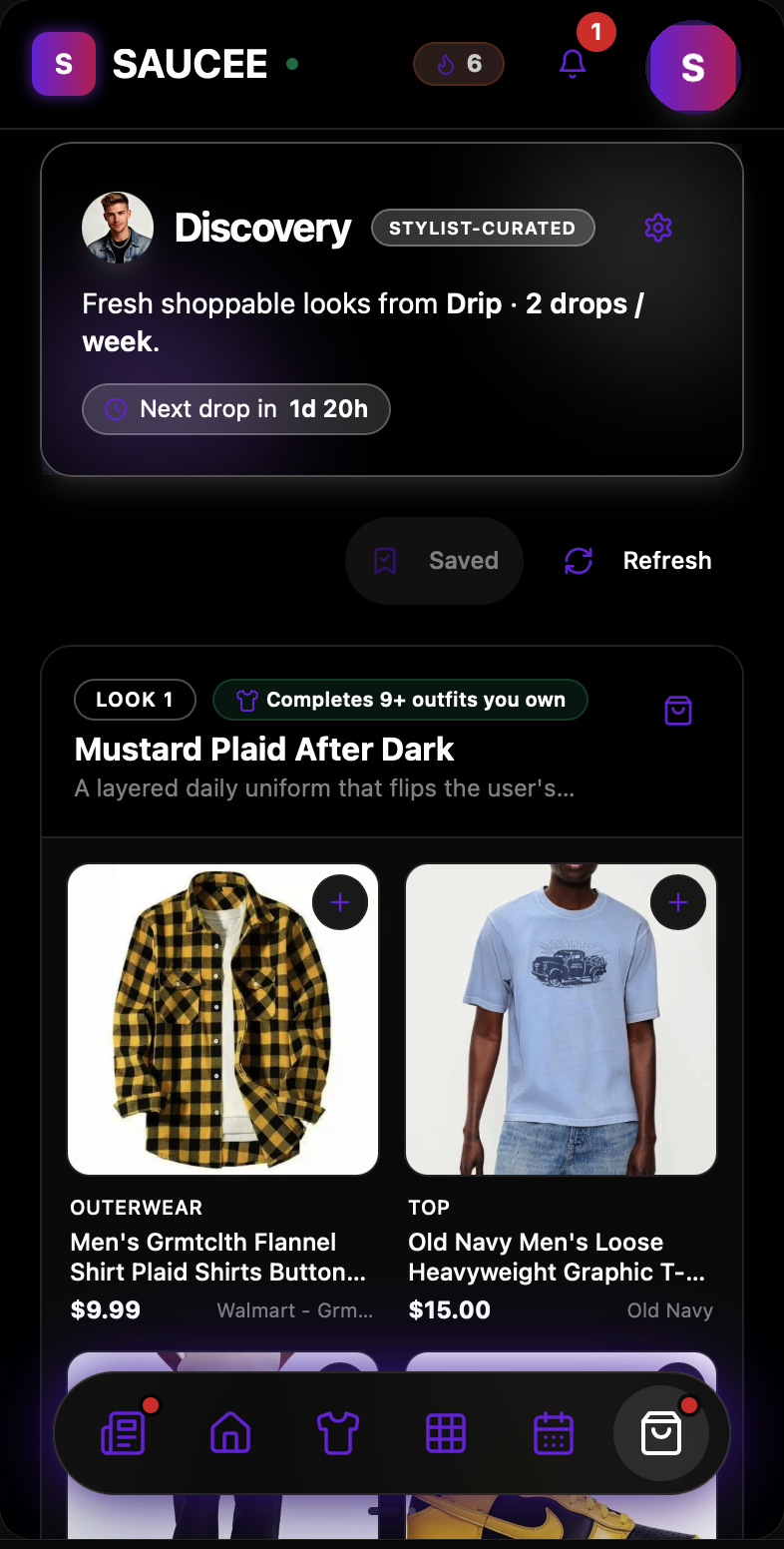 Saucee app stylist-curated discovery drops with shoppable looks