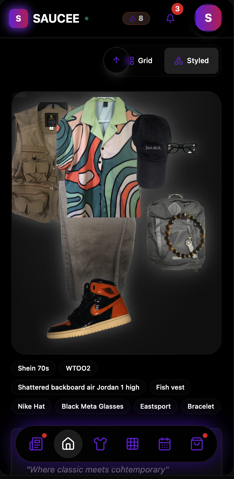 Saucee app styled outfit collage with tagged wardrobe items