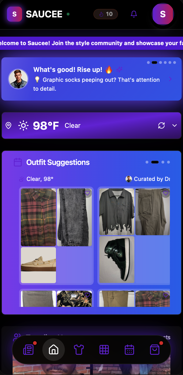Saucee app home screen with today's outfit suggestion and weather widget