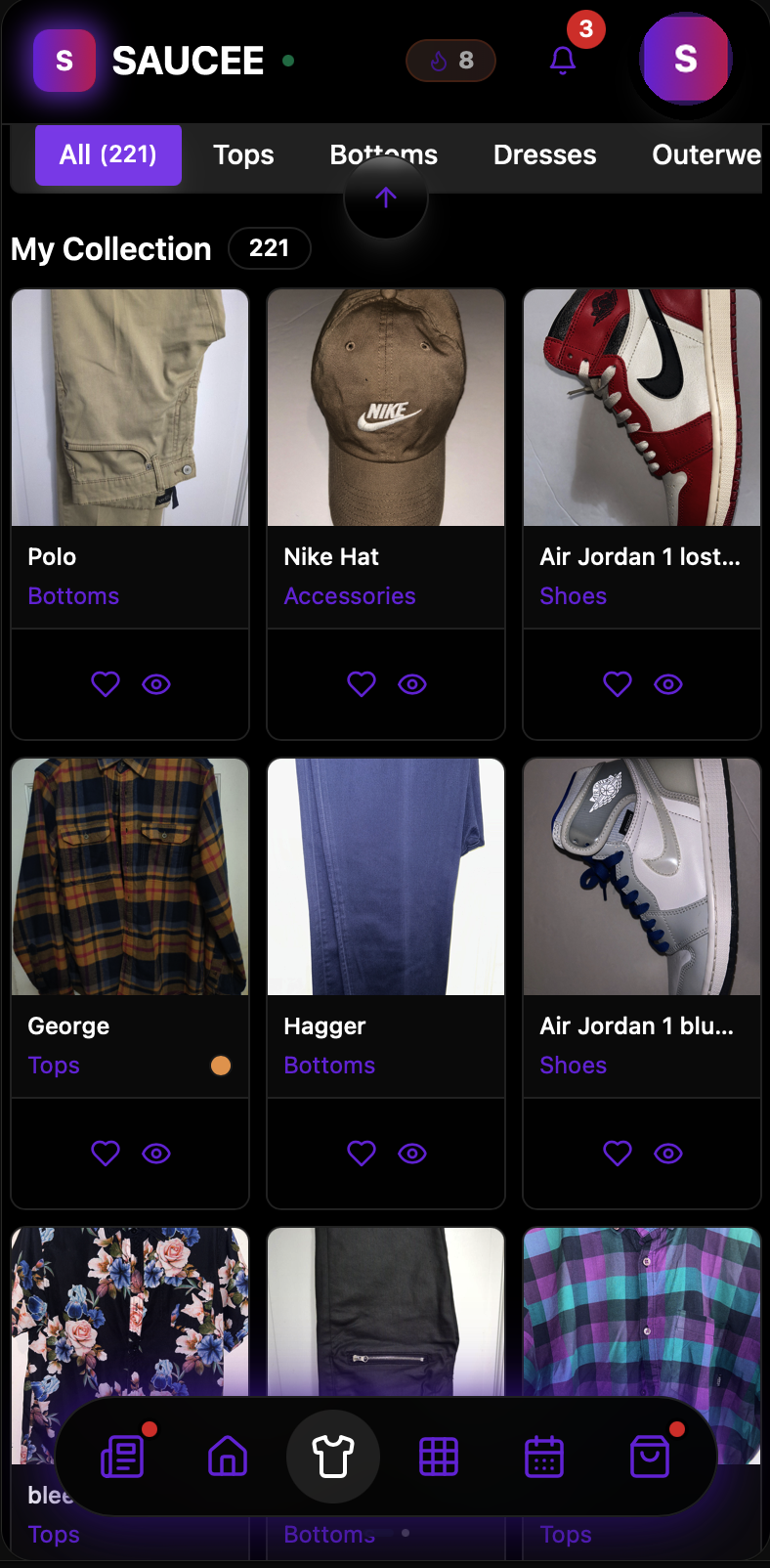 Saucee app digital closet grid showing clothing items